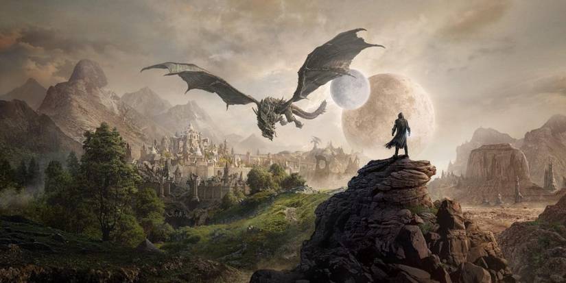 Concept art of a player character onlooking a kingdom in Elseweyr from The Elder Scrolls Online: Elsweyr