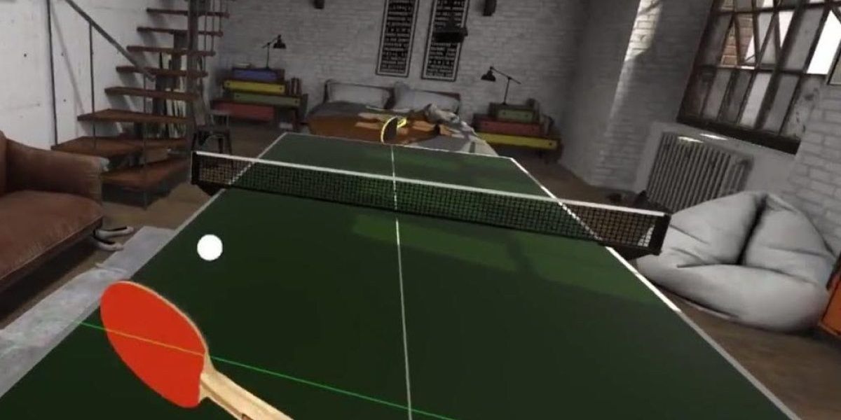 A paddle hits a pingpong ball in a loft