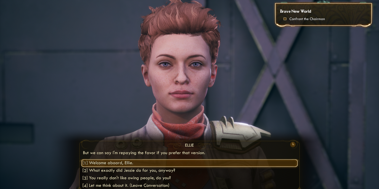 The player contemplates a conversation with Ellie in The Outer Worlds