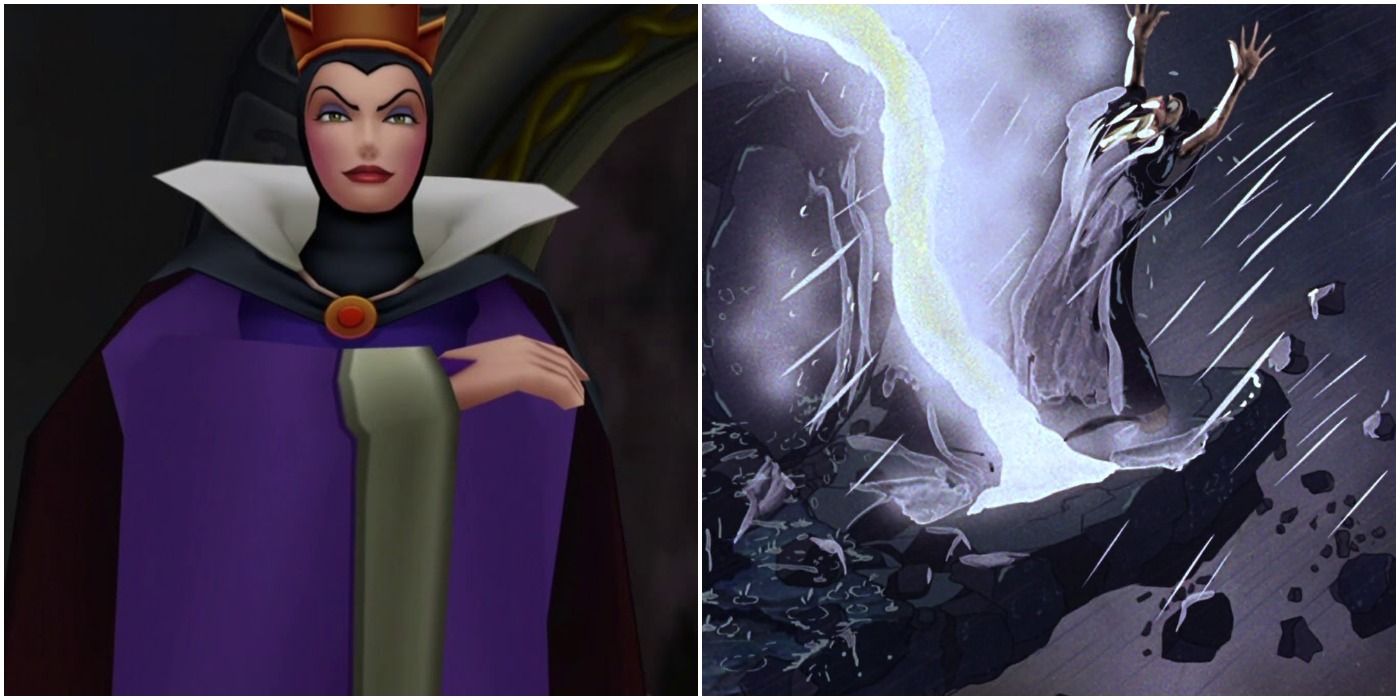 The Evil Queen tumbles off a cliff in Snow White and the Seven Dwarfs