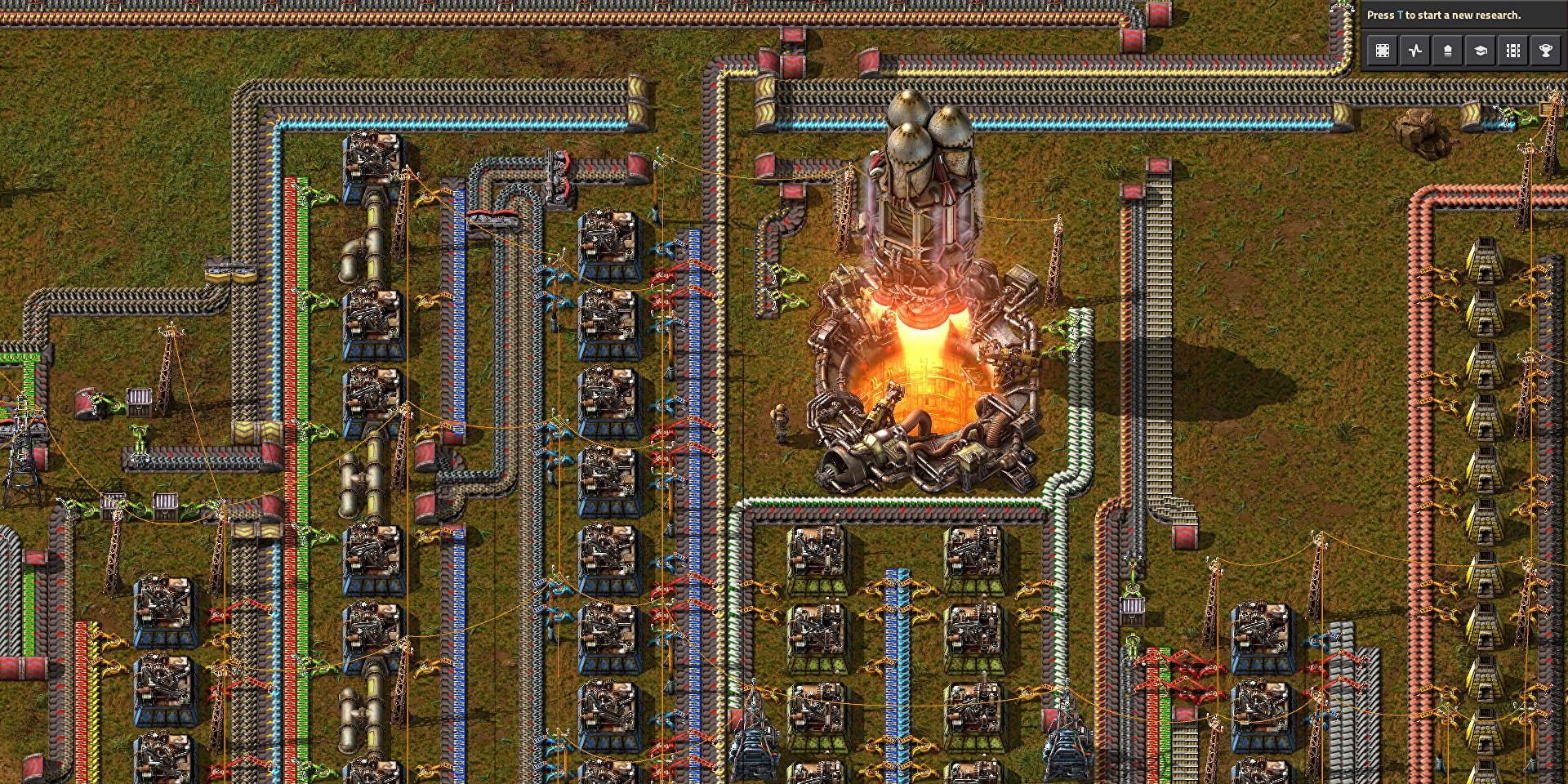 A rocket blasting off, signifying the end of a Factorio game