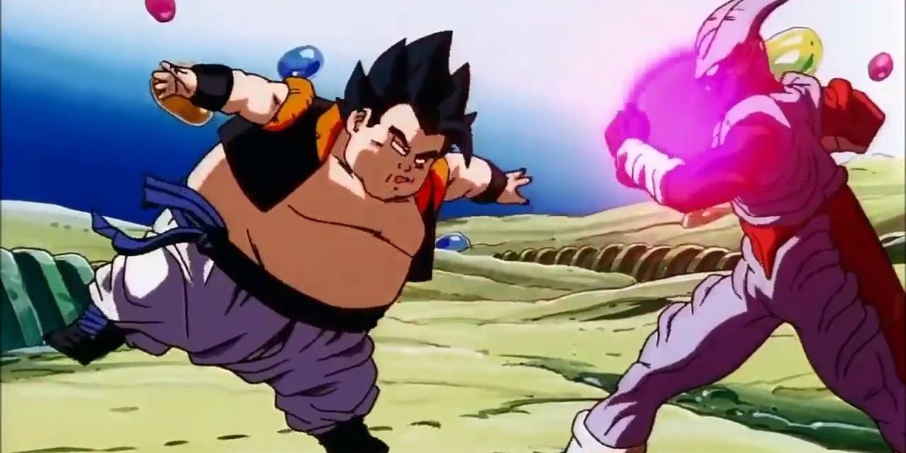 A rotund Gogeta fights Janemba in Dragon Ball Z: Fusion Reborn