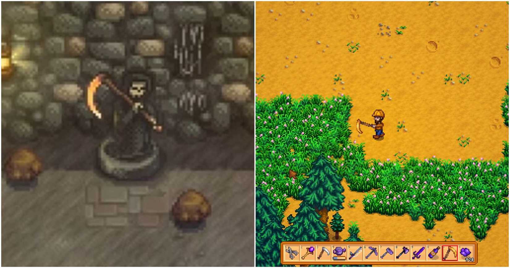 The statue holding the golden scythe and the scythe in use