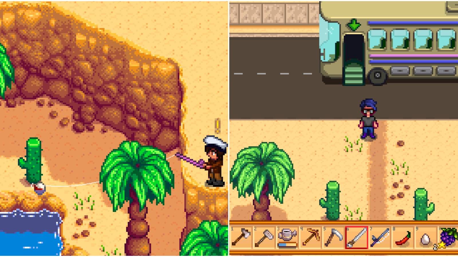 A player fishing in the Calico Desert and a player after getting off the bus