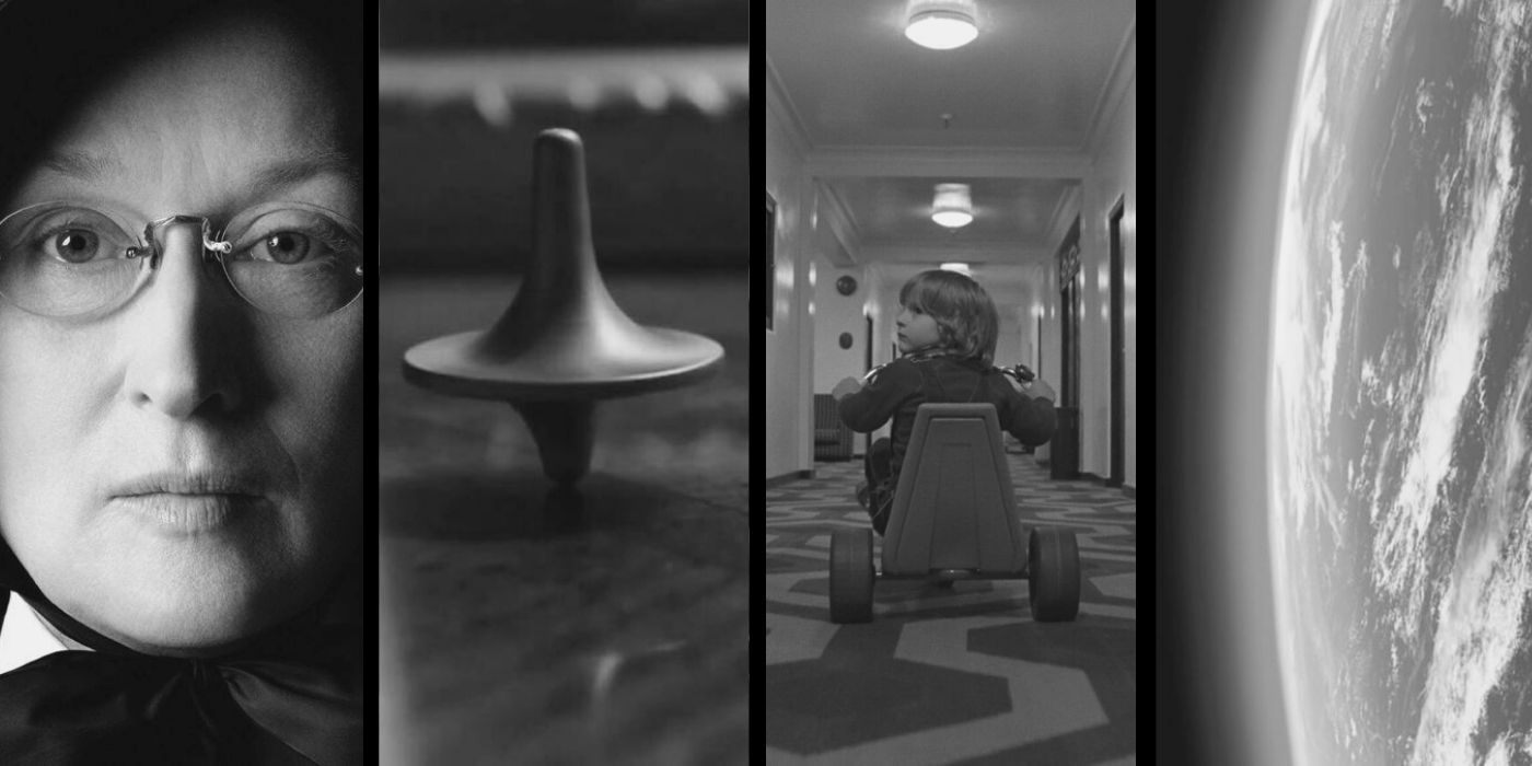 Movie stills in Black and White (Doubt, Inception, The Shining, 2001: A Space Odyssey)