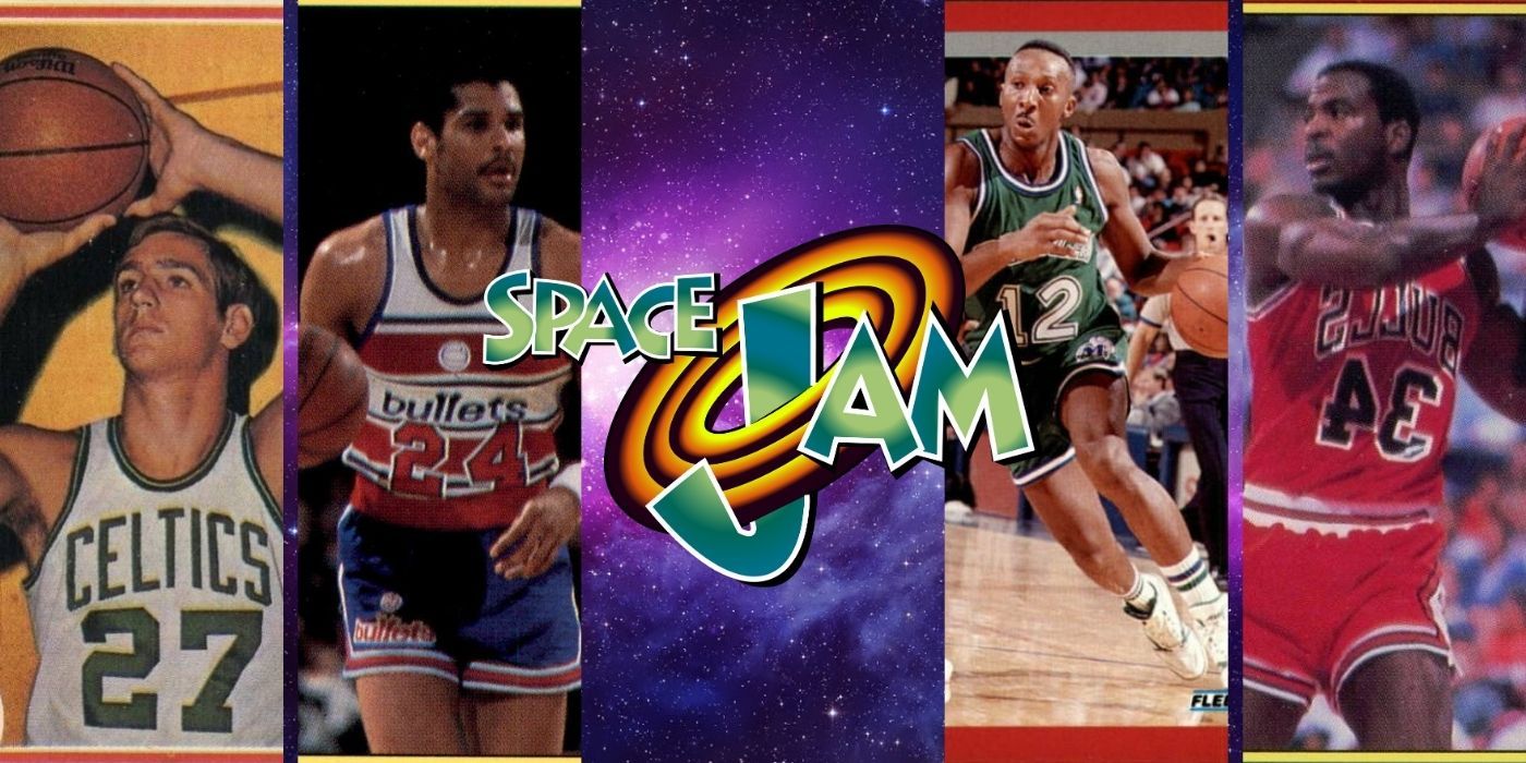 Space Jam Logo with Basketball Player Rookie Cards and Starry Background