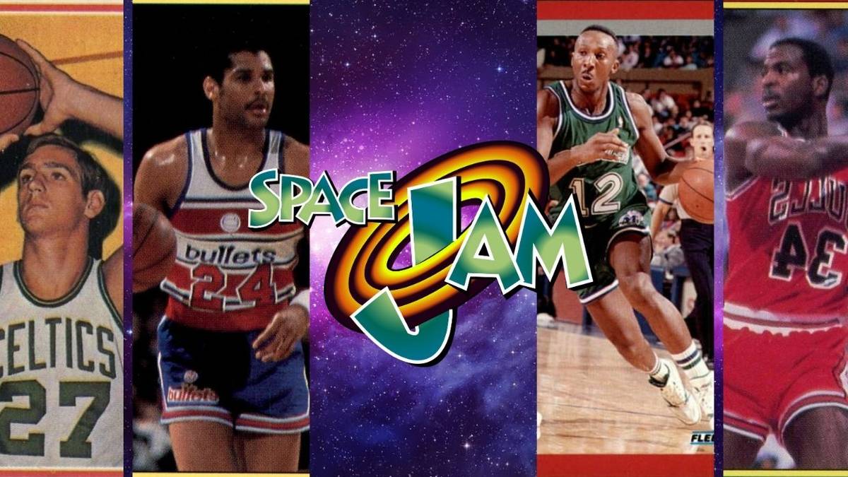 Space Jam Logo with Basketball Player Rookie Cards and Starry Background