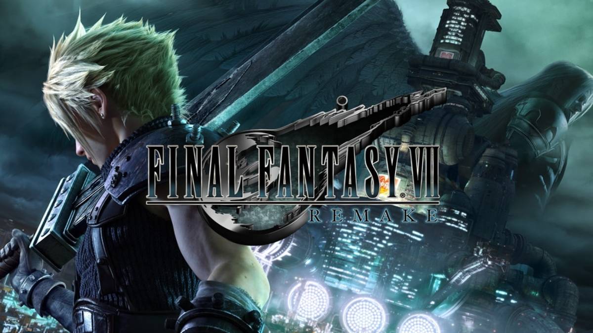 Cloud stands with his broadswoard perched on his back, Final Fantasy 7 title card.