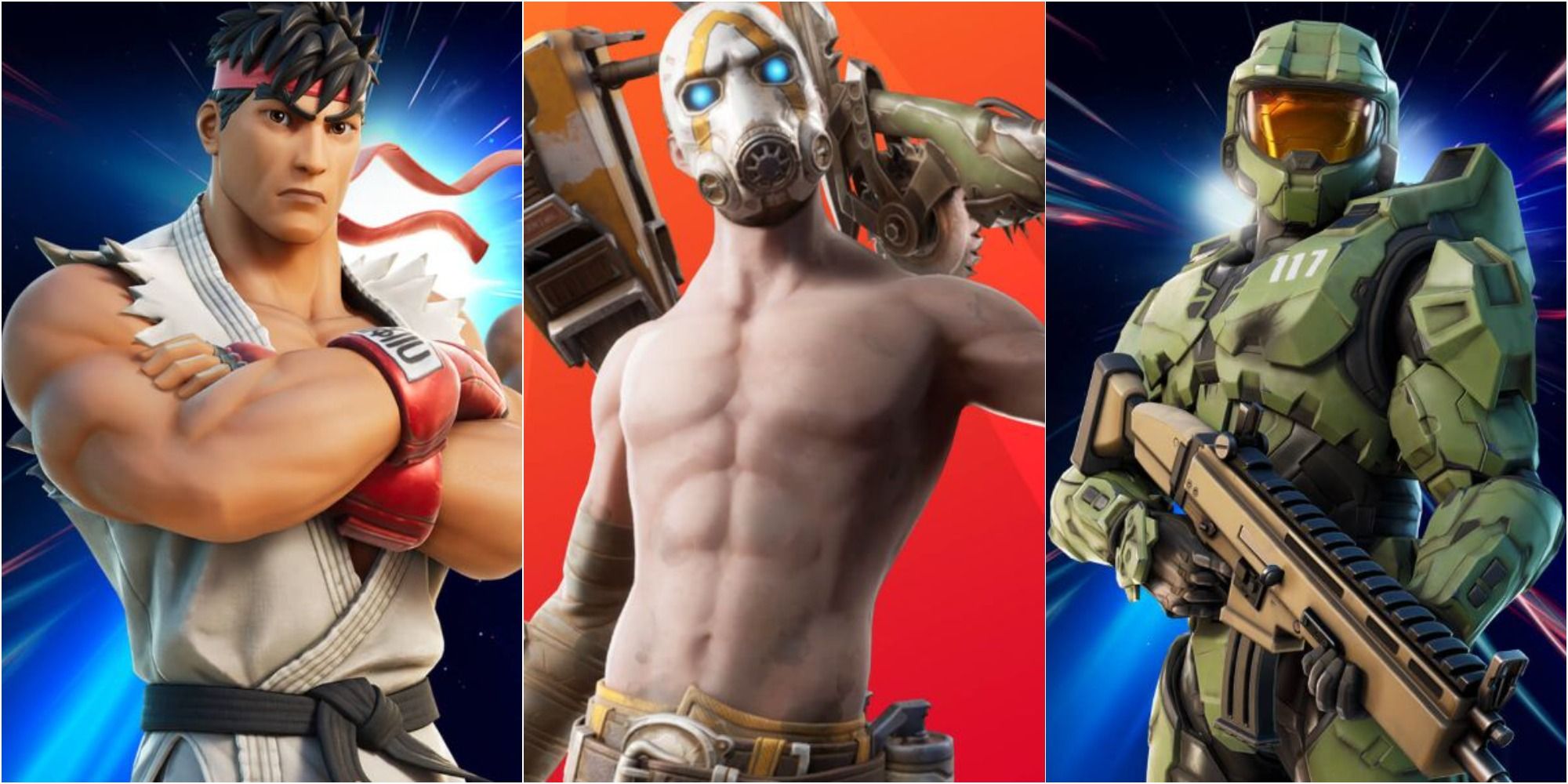Fortnite Ryu, Psycho Borderlands, and Master Chief Halo outfits