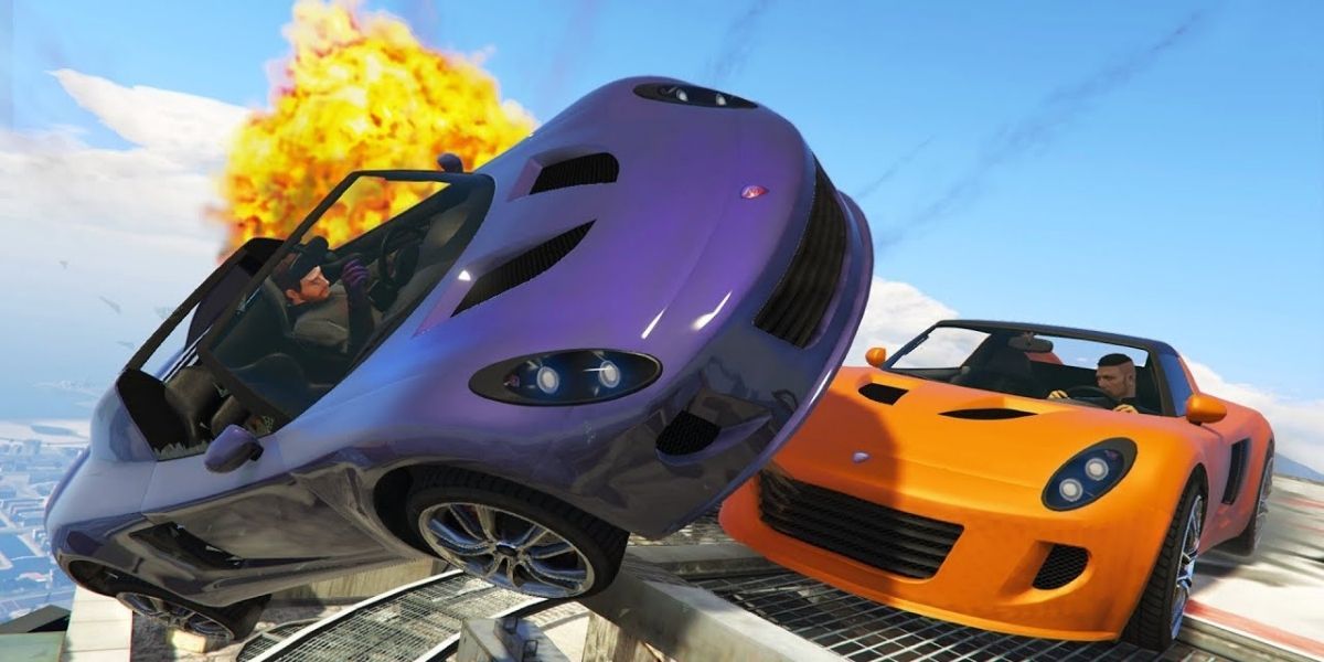 GTA Online player pushing a vehicle off a tower