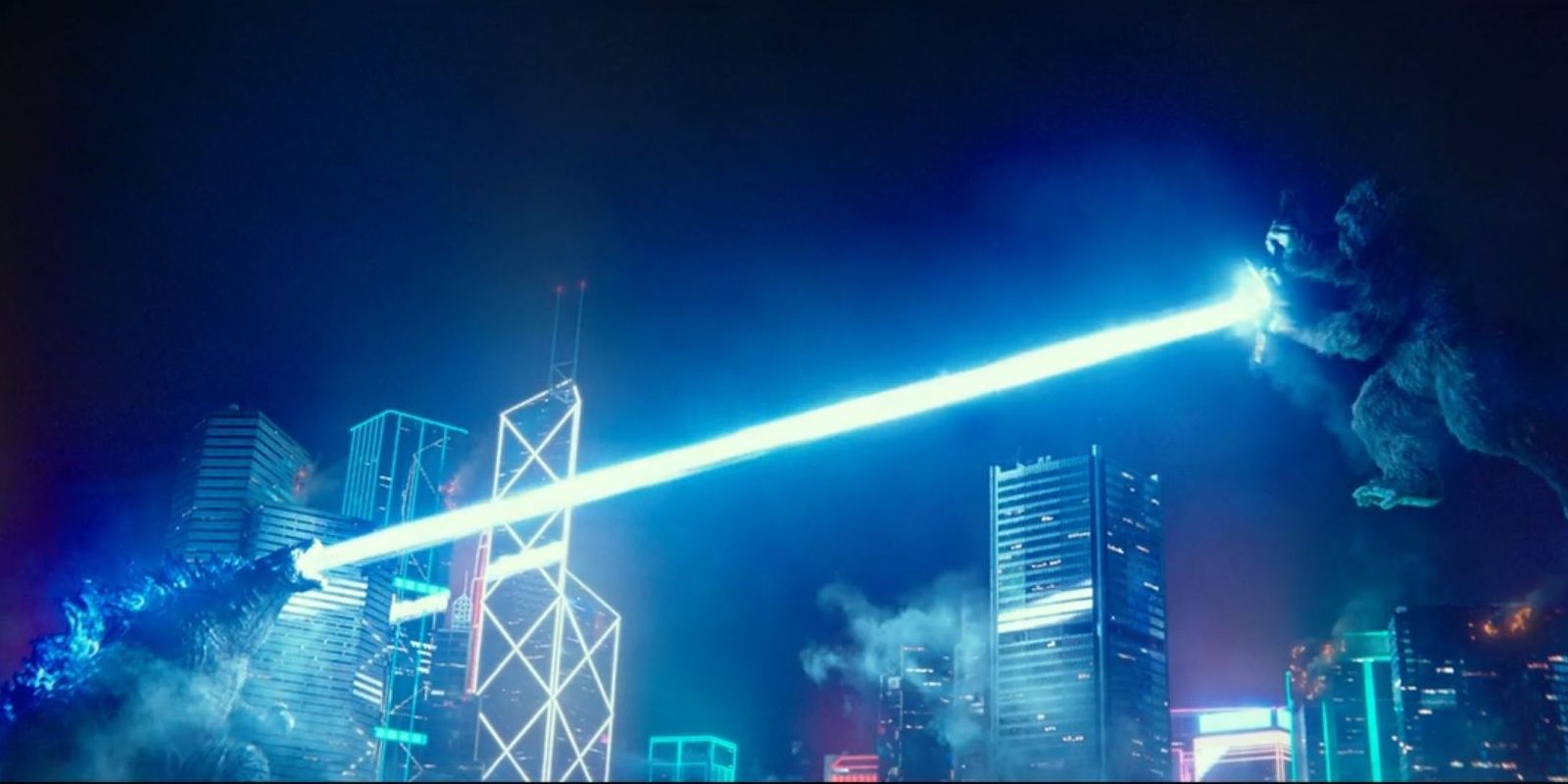 Godzilla and Kong fighting in Hong Kong