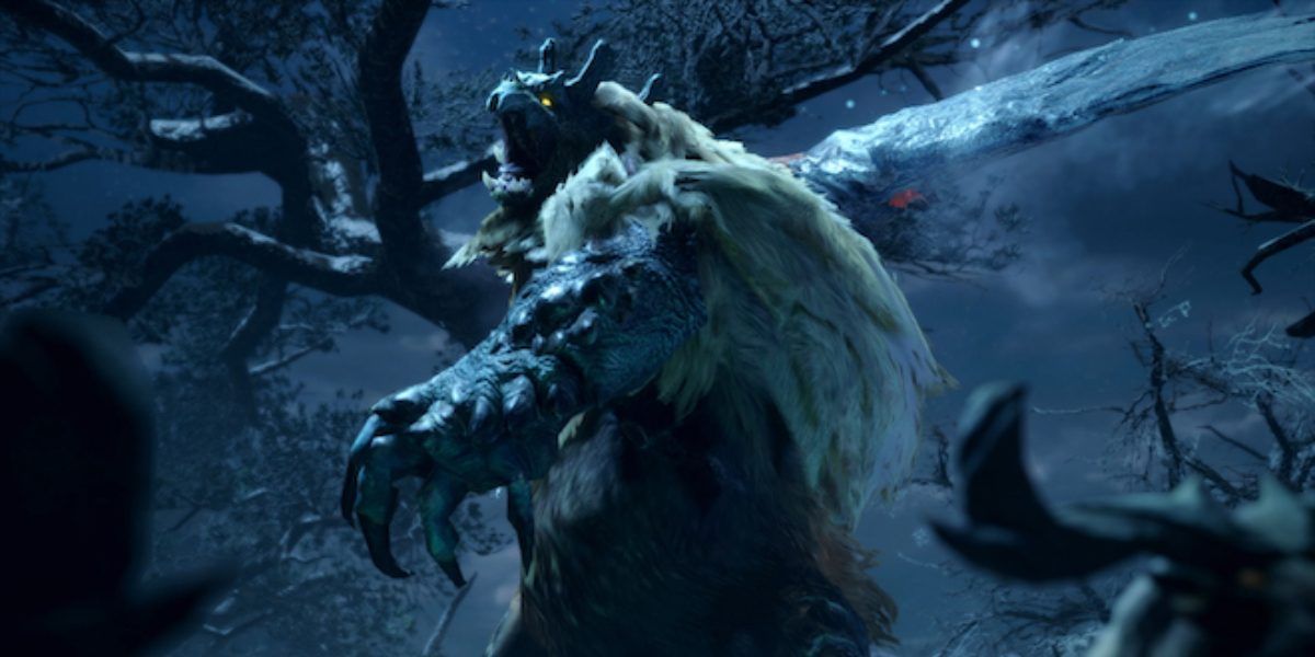 Goss Harag swinging an ice blade in Monster Hunter Rise