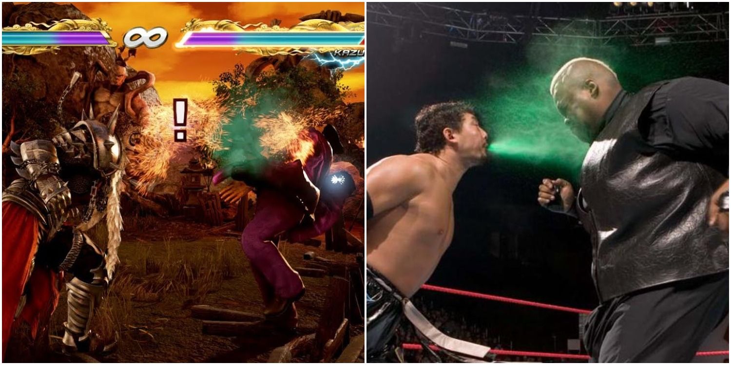 Green Mist in Tekken, and a wrestler spitting liquid at an opponent