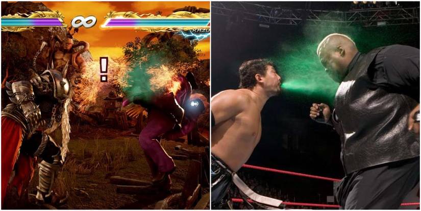 Green Mist in Tekken, and a wrestler spitting liquid at an opponent