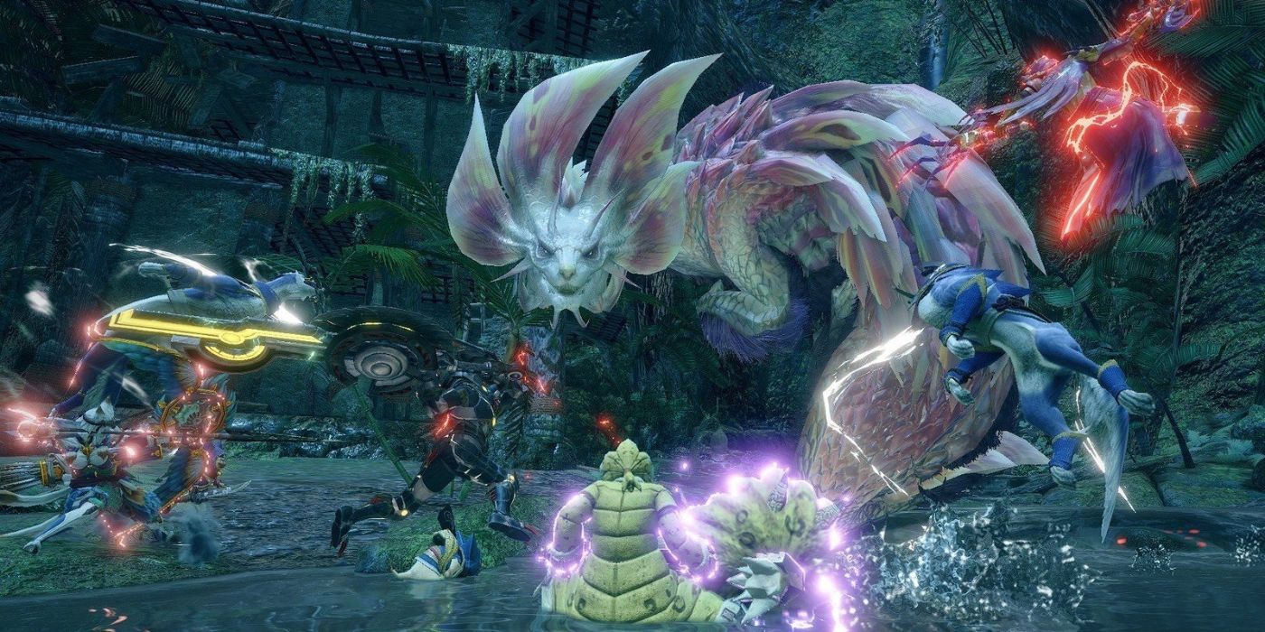 A Group Of Hunters In Combat With A Mizutsune