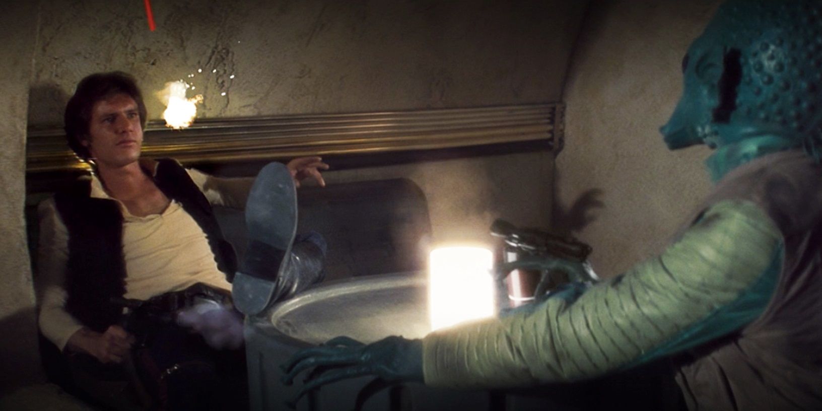 Han and Greedo's confrontation in Mos Eisley Cantina in Star Wars