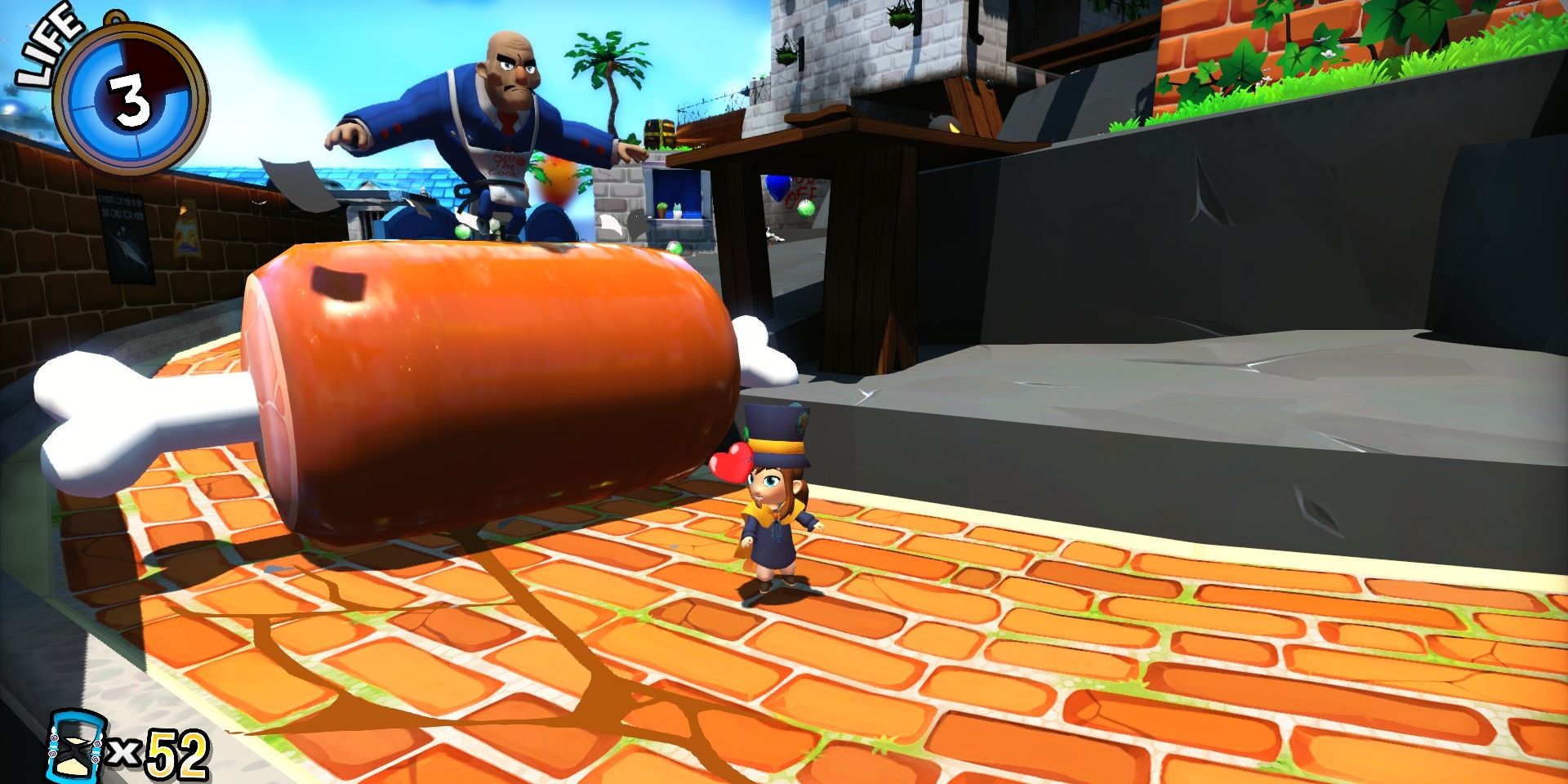 Hat Kid standing in a dangerous spot while everyone is frozen in A Hat In Time