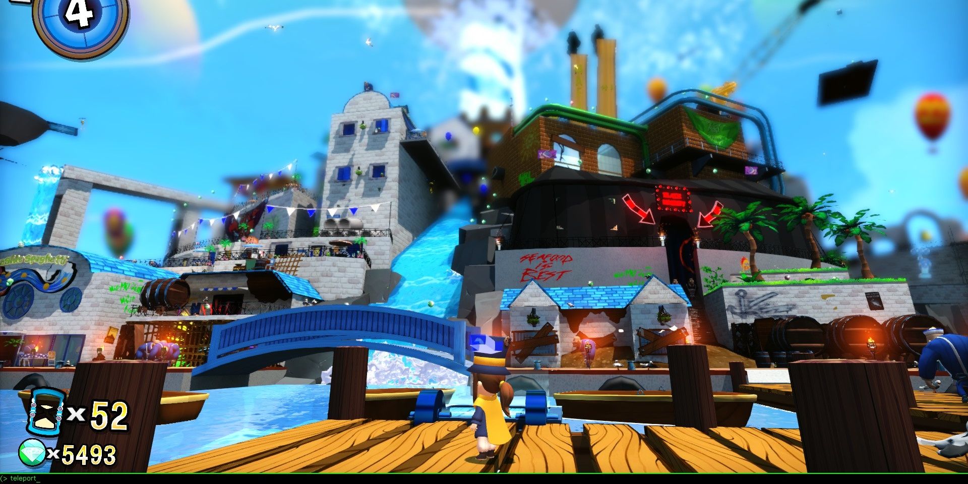 A view from the distance of Mafia Town as player inputs teleport command in A Hat In Time