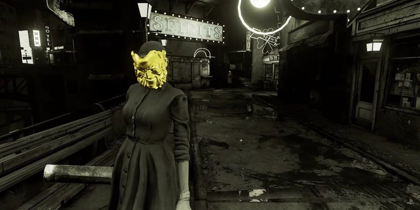 Here They Lie gameplay masked woman walking through old time city street