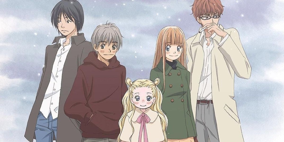 Five characters from Honey and Clover smiling in the snow