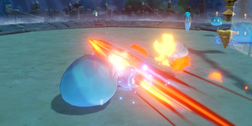 Hu Tao using charged attack against Hydro Slimes