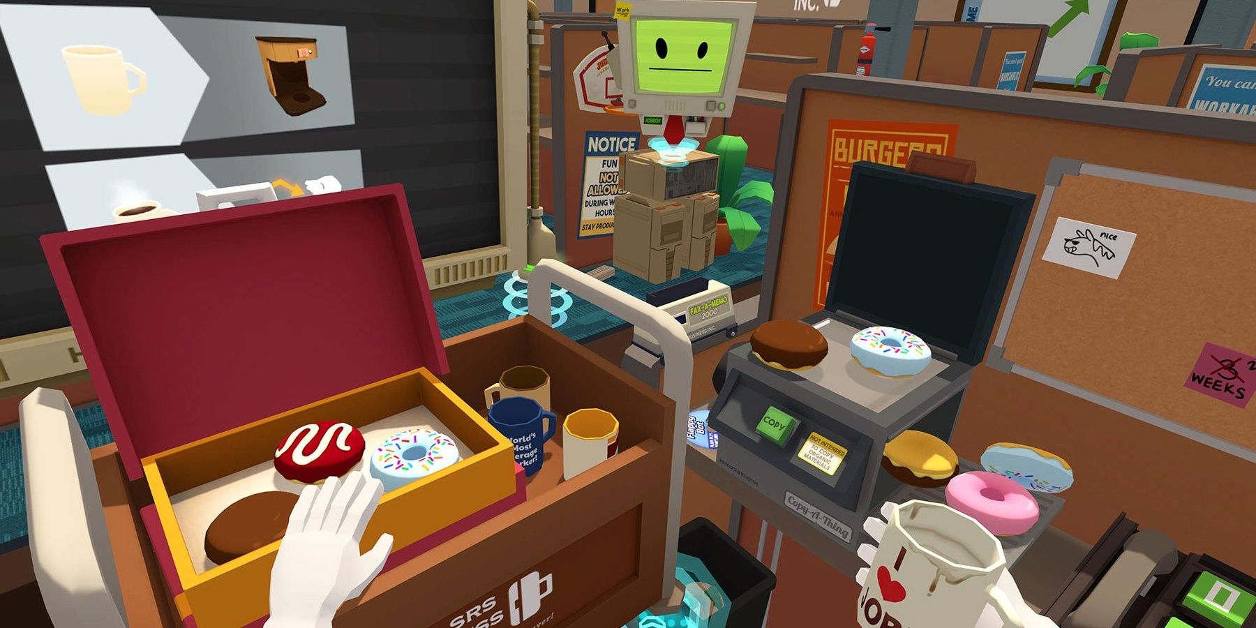 Hands are holding a coffee mug near doughnuts in a simulated office with a computer with a face in the background