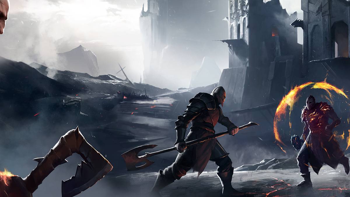 Two Medieval warriors battle a mage outside of a castle