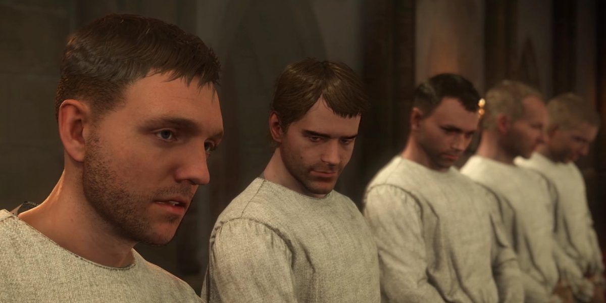 Screenshot of Henry as Brother Gregor with the other monks in Kingdom Come: Deliverance