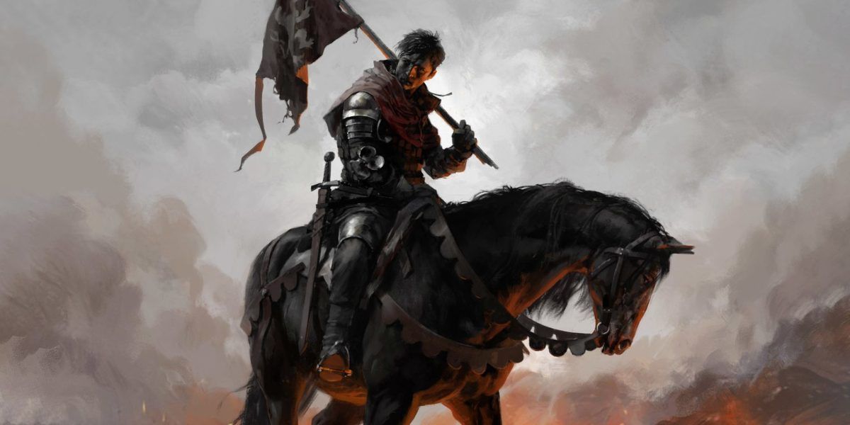 Kingdom Come: Deliverance concept art of Henry on a horse holding a flag