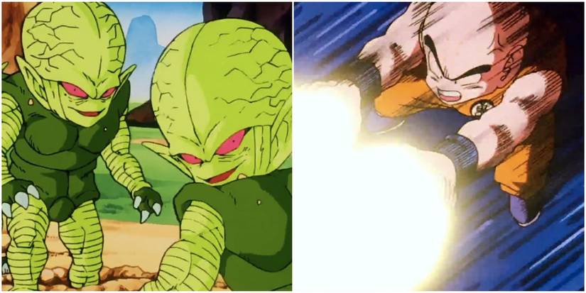 Krillin attacks the Saibamen in Dragon Ball Z