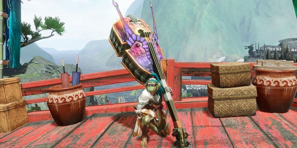 Monster Hunter Rise Player Kneeling With Hunting Horn