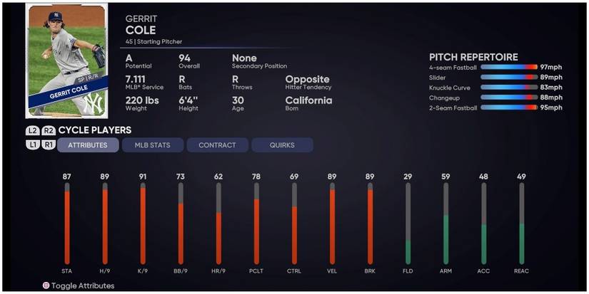 MLB The Show 21 Gerrit Cole Attributes