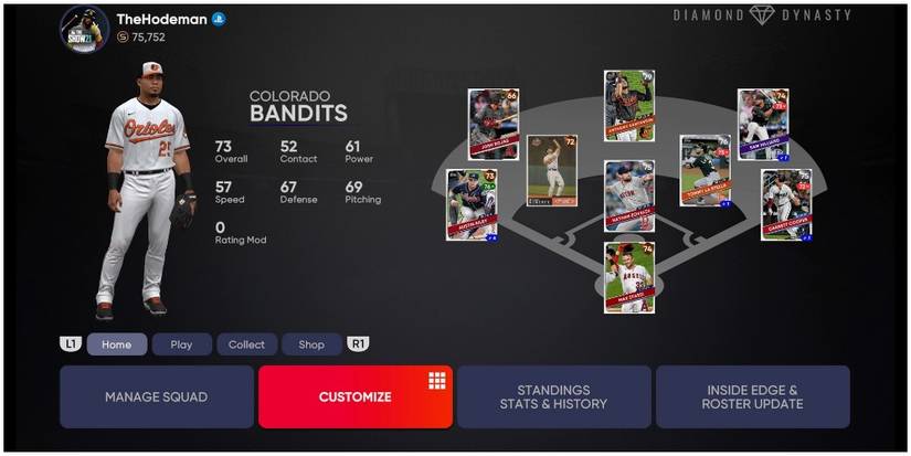 MLB The Show 21 Highlighting The Customize Button In Diamond Dynasty