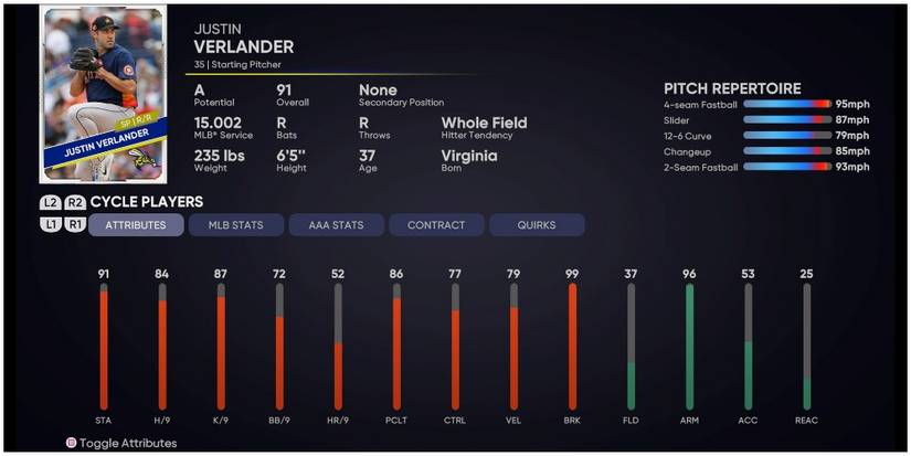 MLB The Show 21 Justin Verlander Attributes