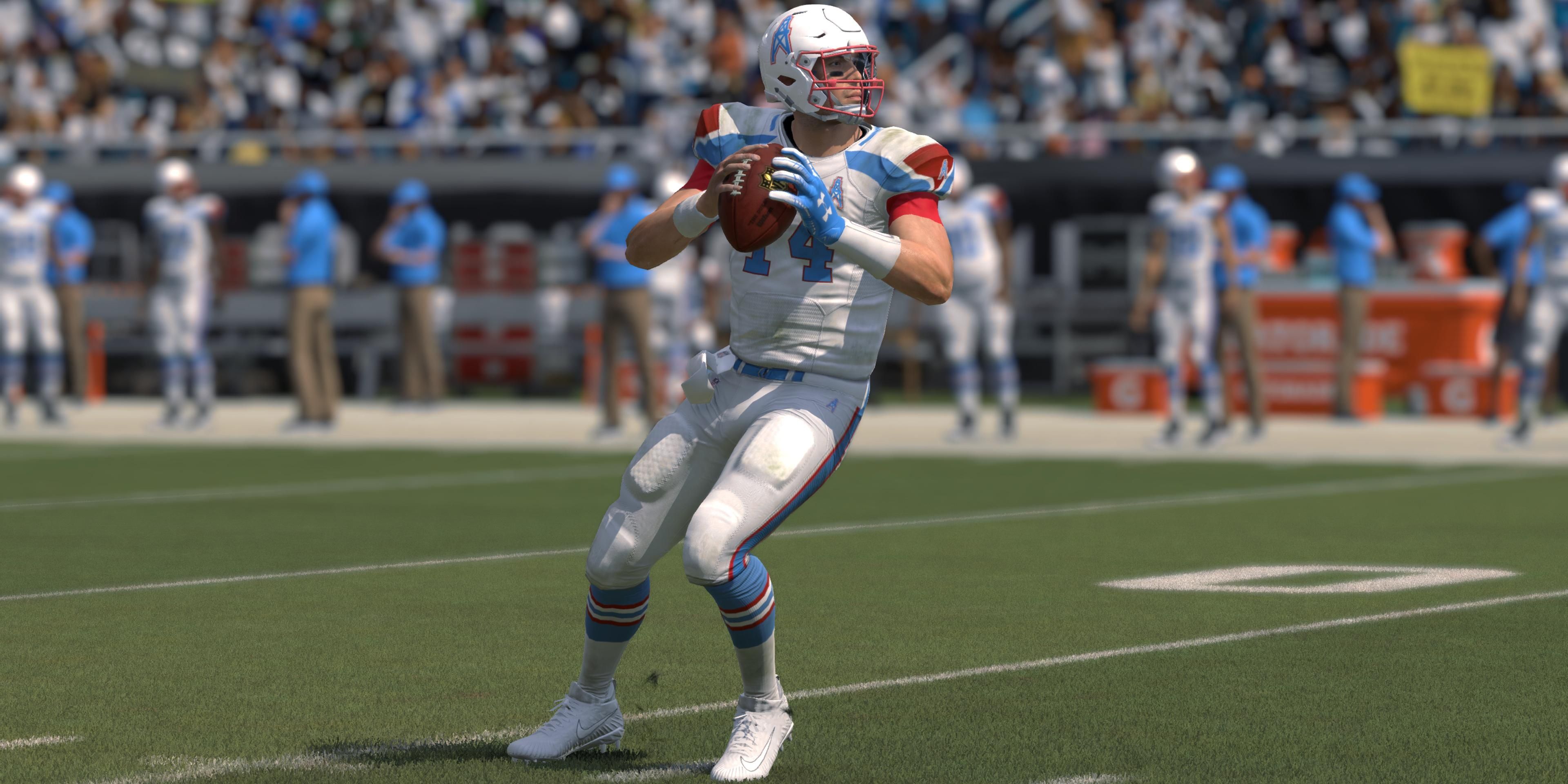 A player wearing a Houston Oiler jersey in Madden NFL 21