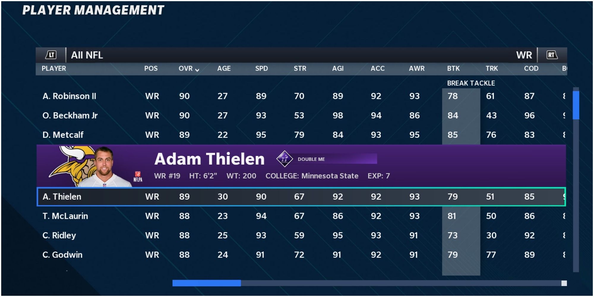 Madden NFL 21 Adam Thielen Player OVR In The Menu Screen
