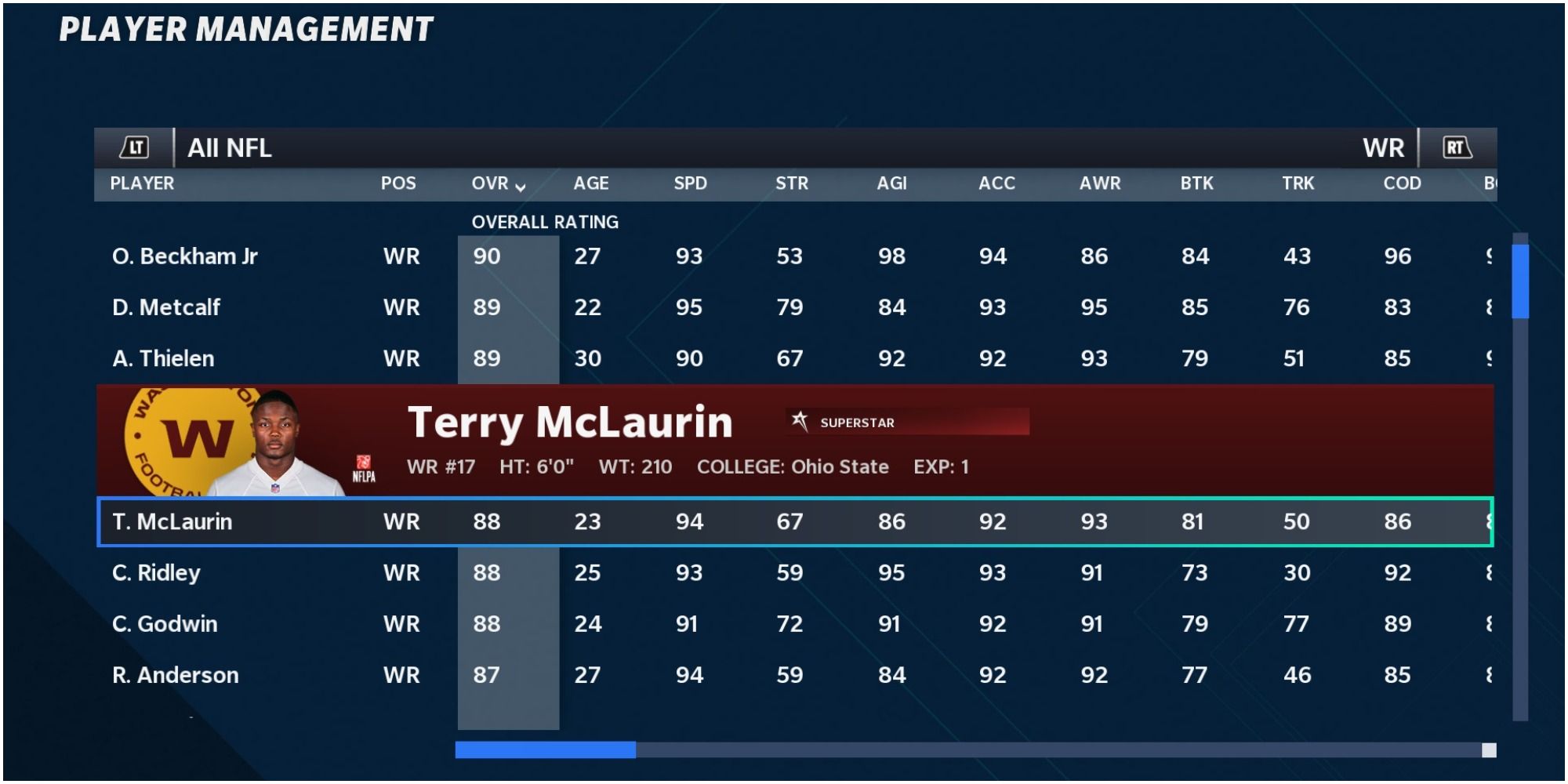 Madden NFL 21 Terry McLaurin Player OVR In The Menu Screen