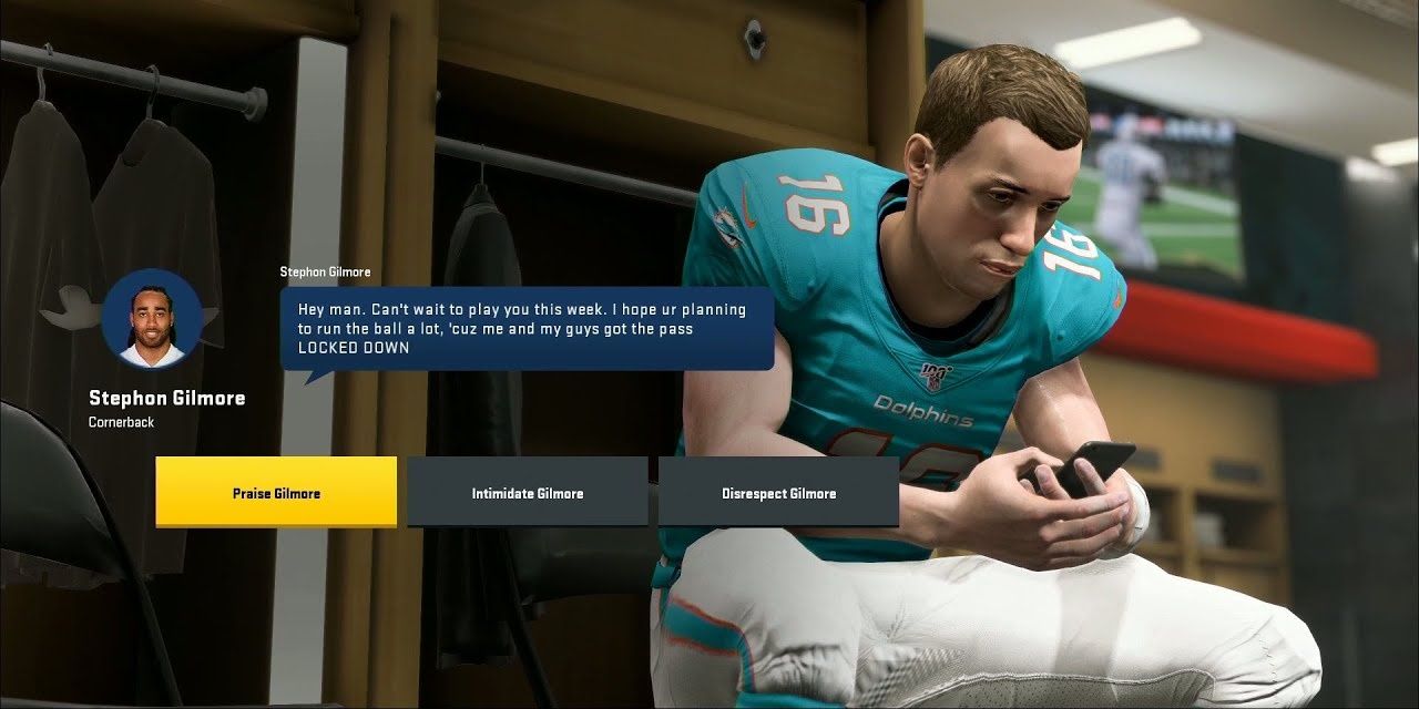 Stephen Gilmore texting the player in Madden NFL 20's scenario engine