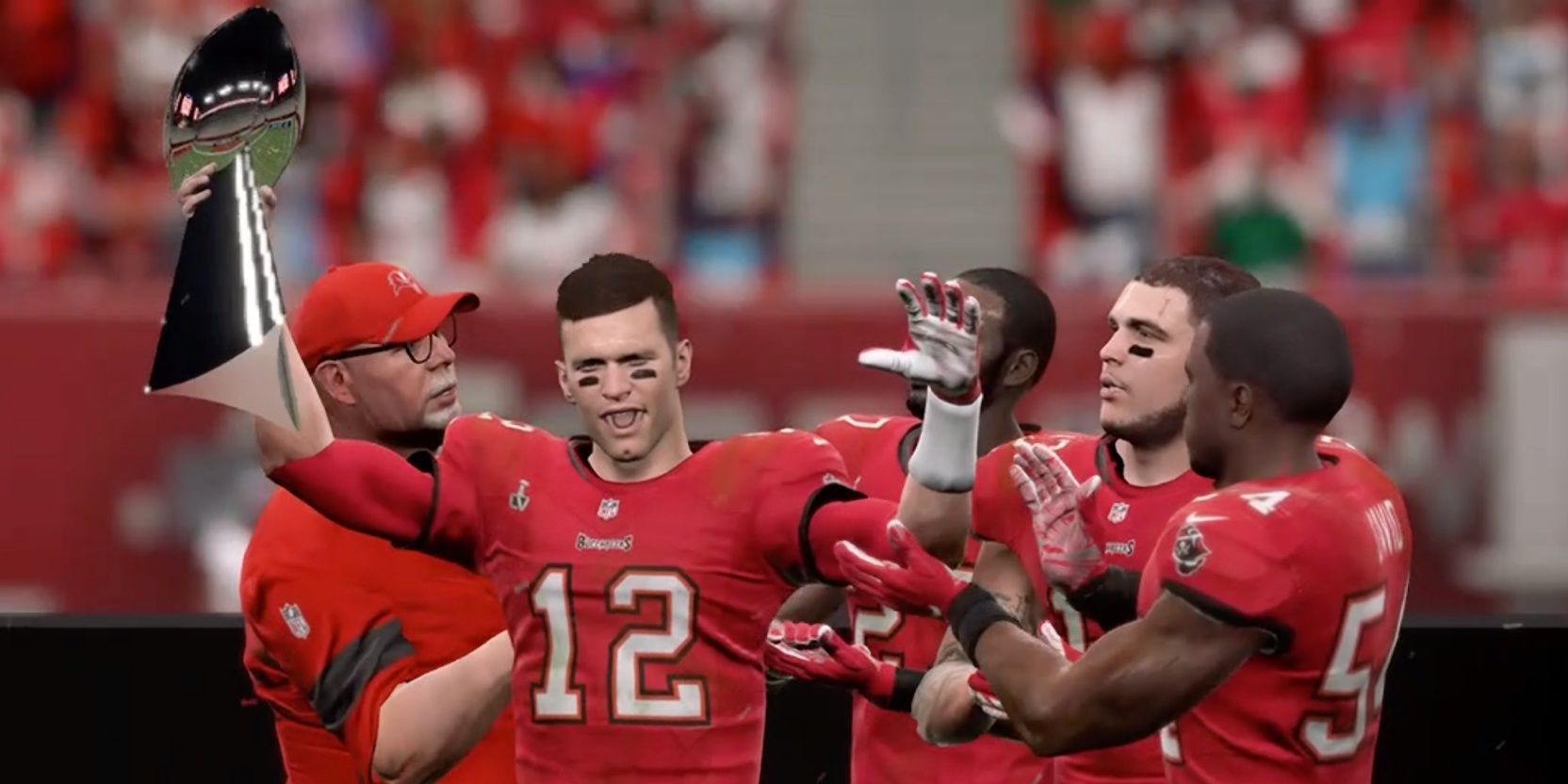 Tom Brady and the Buccaneers lifting a Lombardi Trophy in Madden NFL 21