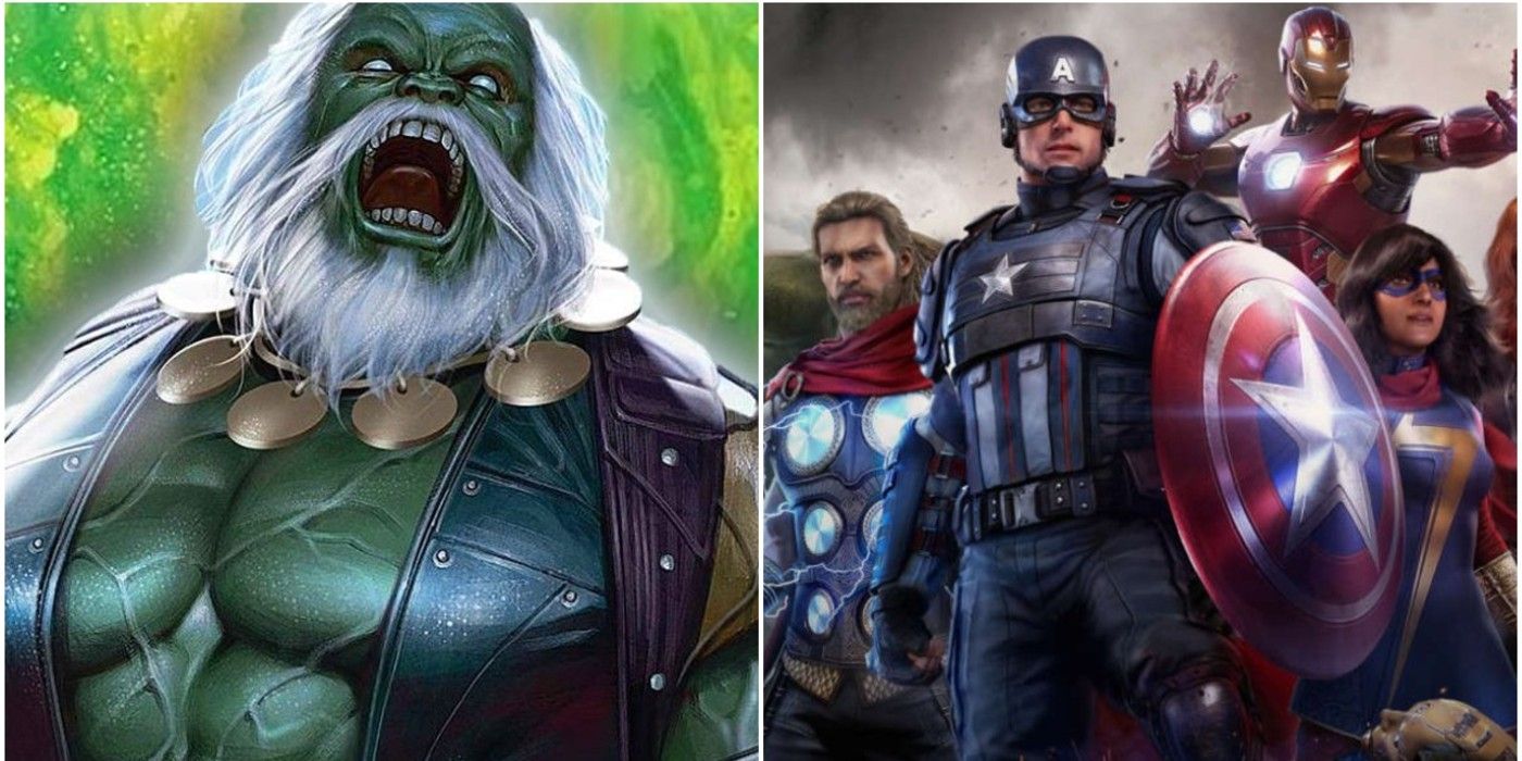 Marvels Avengers Split image of Maestro (left) and promo image for the game (right)