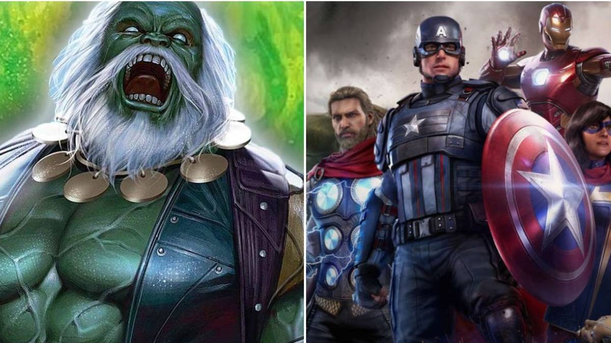 Marvels Avengers Split image of Maestro (left) and promo image for the game (right)
