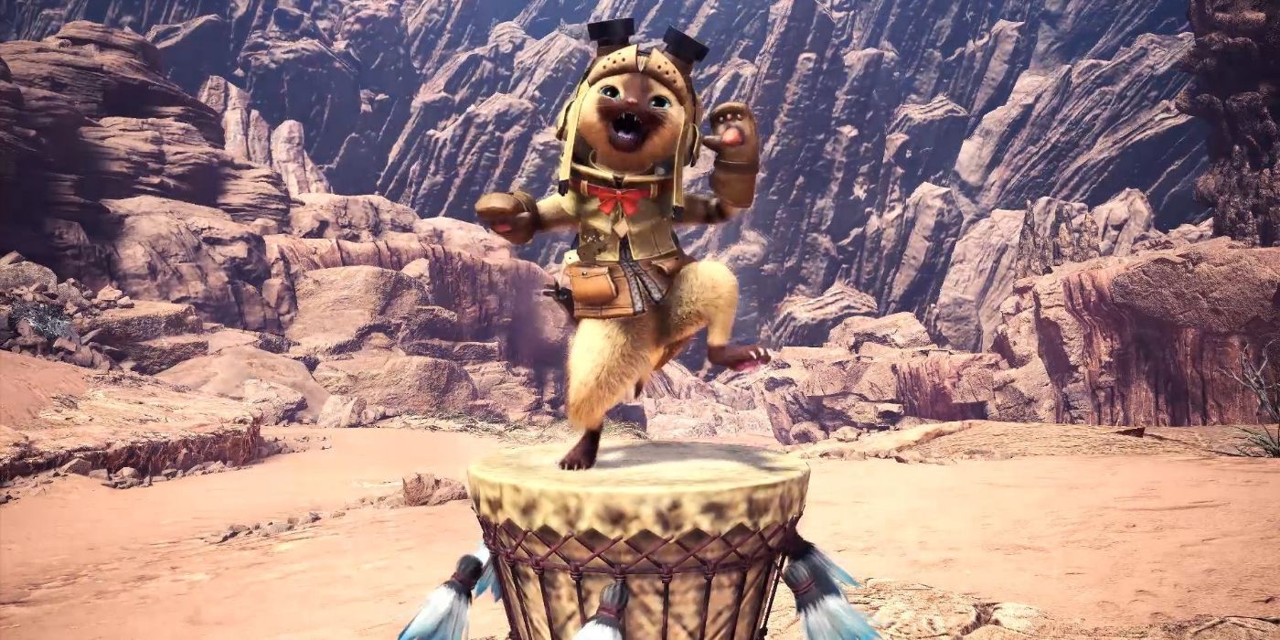 A Palico Cheerfully On A Drum