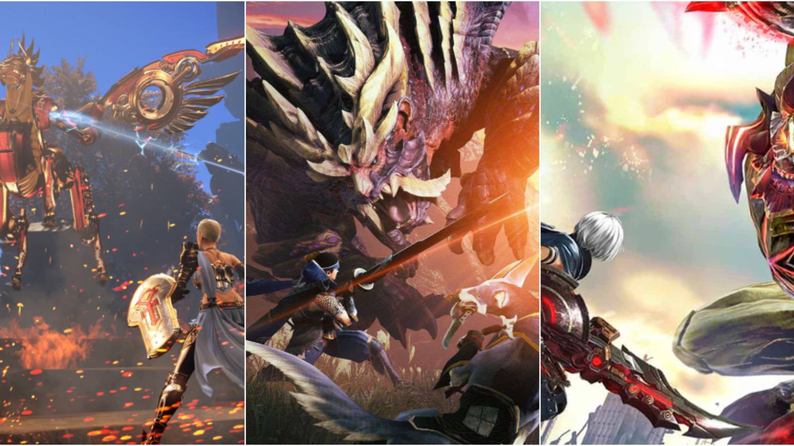 Skyforge, Monster Hunter Rise, and God Eater 3 Promo Images