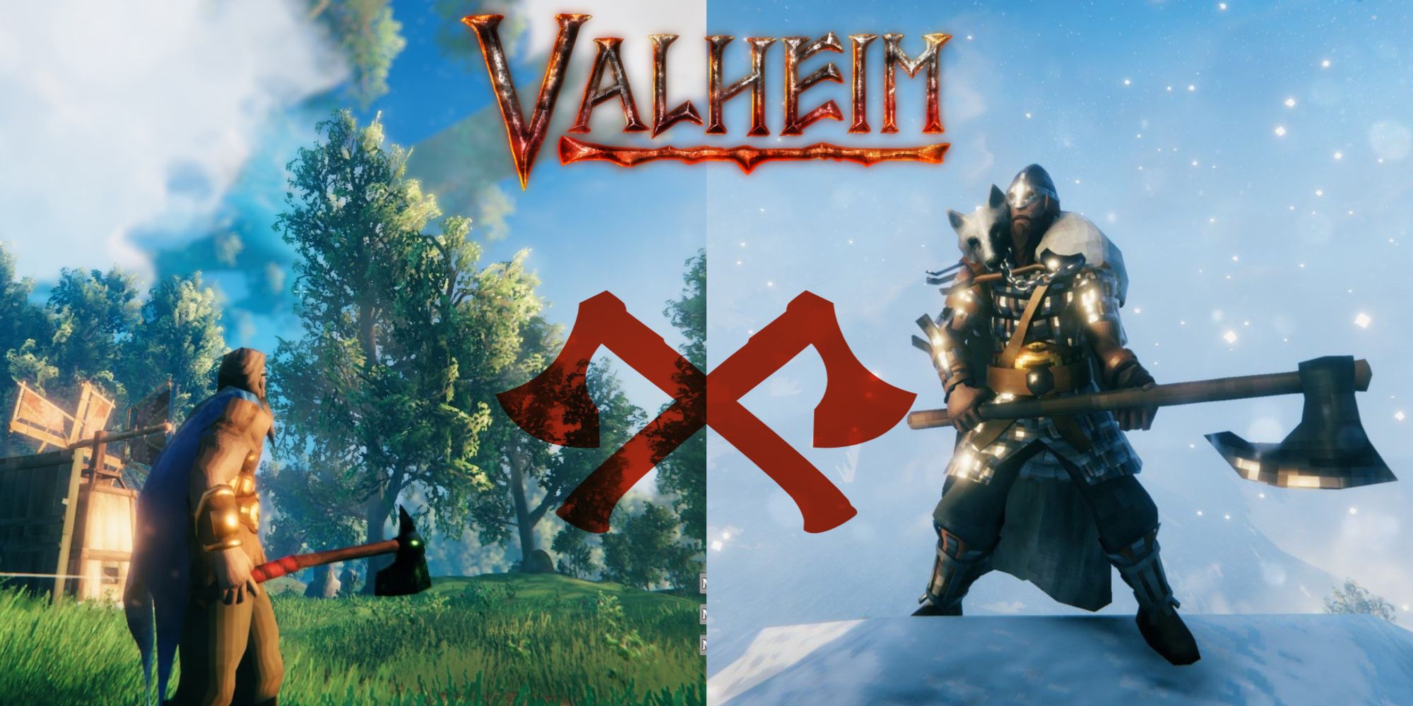 Valheim art of players using axes