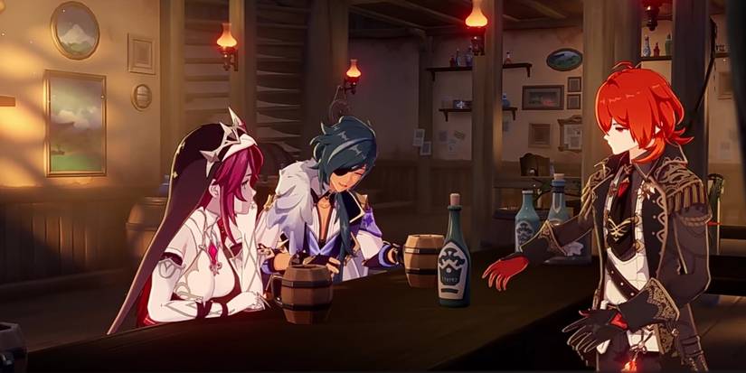 Rosaria drinking with Kaeya and Diluc