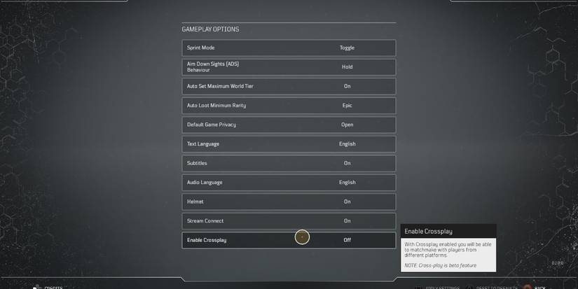 Outriders Options Screen Enabling Crossplay