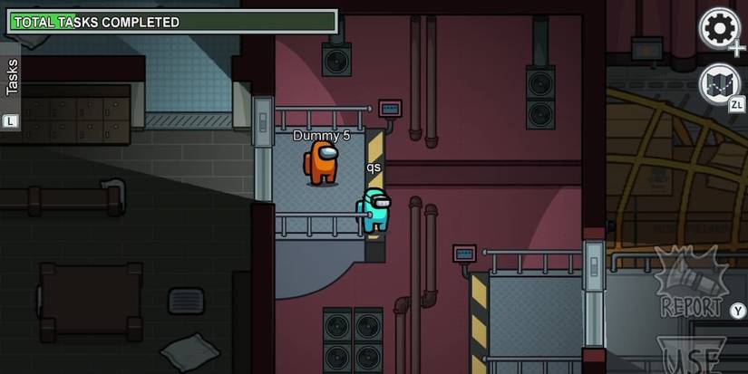 Orange and Blue players on the upper platform in Ventilation in the Airship map in Among Us