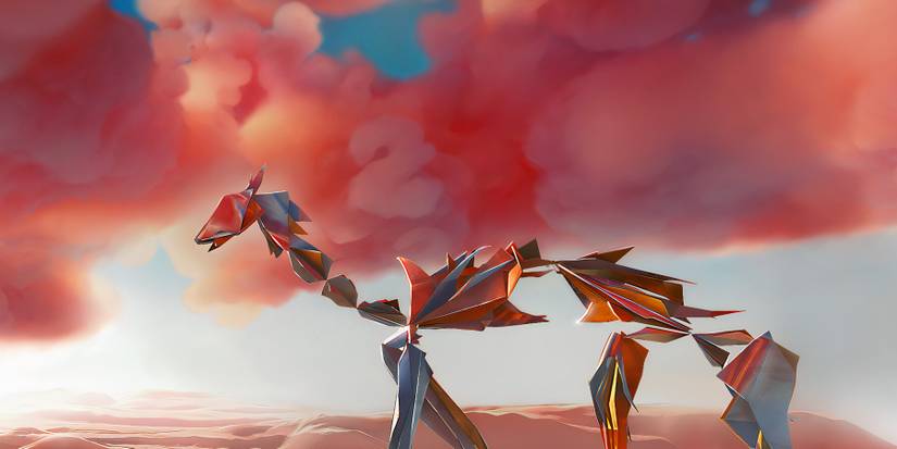 A creature walks a plain of pink sand with pink clouds and a blue sky