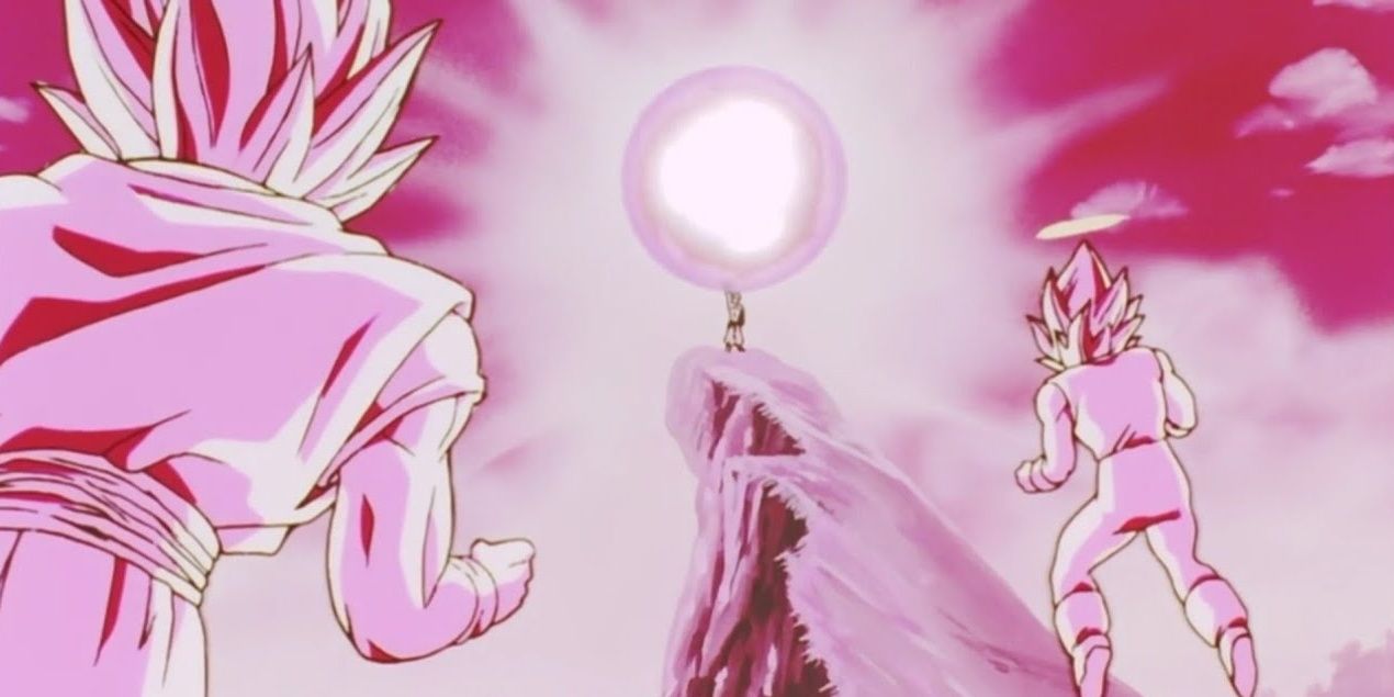 Goku and Vegeta watch as Kid Buu charges the Planet Burst in Dragon Ball Z