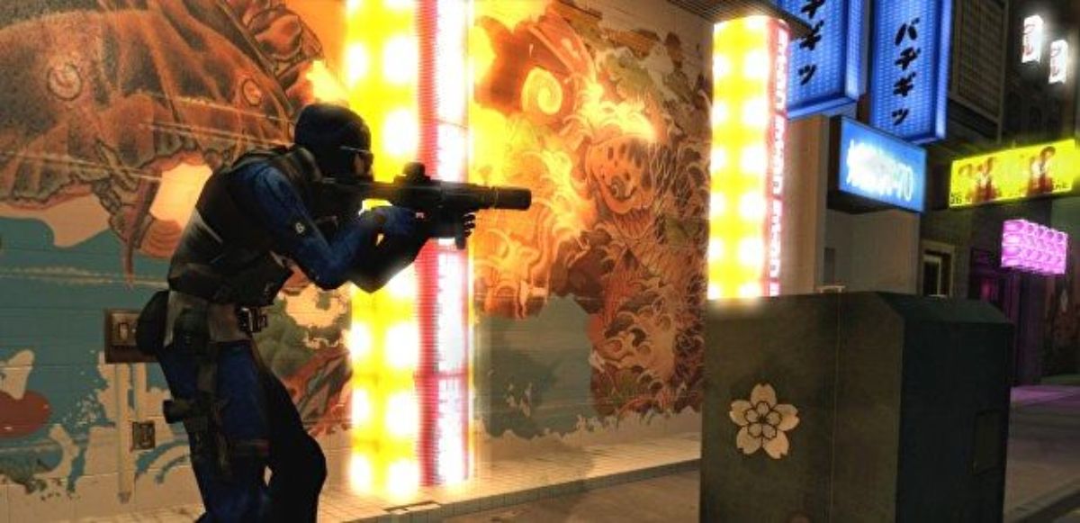 Player aiming their weapon down a street in the Half-Life 2 mod NeoTokyo